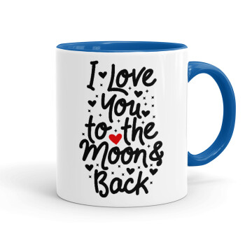I love you to the moon and back with hearts, Mug colored blue, ceramic, 330ml
