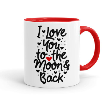 I love you to the moon and back with hearts, Mug colored red, ceramic, 330ml