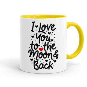 I love you to the moon and back with hearts, Mug colored yellow, ceramic, 330ml