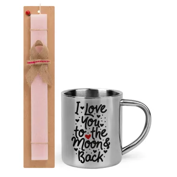I love you to the moon and back with hearts, Easter Set, metallic thermal cup (300ml) & aromatic flat Easter candle (30cm) (PINK)