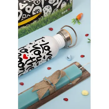 I love you to the moon and back with hearts, Πασχαλινή Λαμπάδα με παγούρι μεταλλικό Ασημένιο αλουμινίου (500ml) & κερί αρωματικό πλακέ (30cm) (ΤΙΡΚΟΥΑΖ)