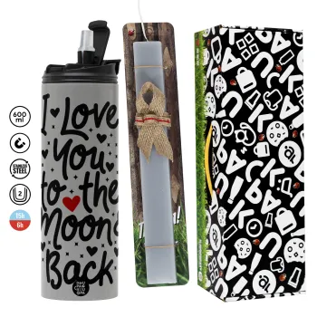 I love you to the moon and back with hearts, Πασχαλινή Λαμπάδα με Travel Tumbler θερμό (600ml, BPA free) & κερί αρωματικό πλακέ (30cm) (ΓΚΡΙ)