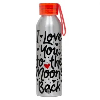 I love you to the moon and back with hearts, Αλουμινένιο Αθλητικό Μπουκάλι 650ml – Ασημί με Κόκκινο Καπάκι και Λουράκι Σιλικόνης