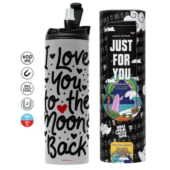I love you to the moon and back with hearts, Tumbler stainless steel GREY 600ml