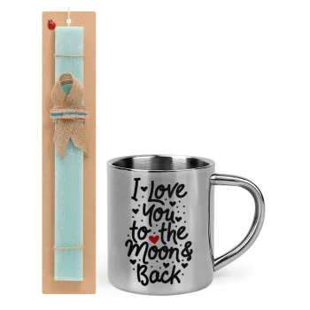 I love you to the moon and back with hearts, Easter Set, metallic thermal cup (300ml) & aromatic flat Easter candle (30cm) (TURQUOISE)