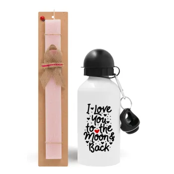 I love you to the moon and back with hearts, Easter Set, metallic aluminum bottle (500ml) & aromatic flat Easter candle (30cm) (PINK)