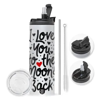 I love you to the moon and back with hearts, Travel Tumbler θερμό με διπλό καπάκι, μεταλλικό καλαμάκι και βούρτσα καθαρισμού (Ανωξείδωτο 304 Food grade, BPA free, 600ml)