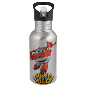 Super Wings, Water bottle Silver with straw, stainless steel 500ml