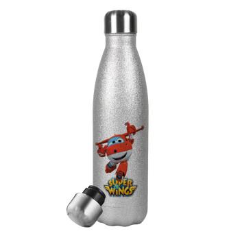 Super Wings, Μεταλλικό παγούρι θερμός Glitter Aσημένιο (Stainless steel), διπλού τοιχώματος, 500ml