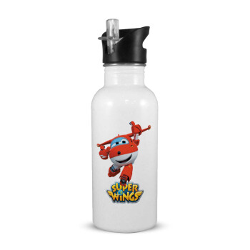 Super Wings, White water bottle with straw, stainless steel 600ml