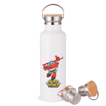 Super Wings, Μεταλλικό παγούρι θερμός (Stainless steel) Λευκό με ξύλινο καπάκι (bamboo), διπλού τοιχώματος, 750ml