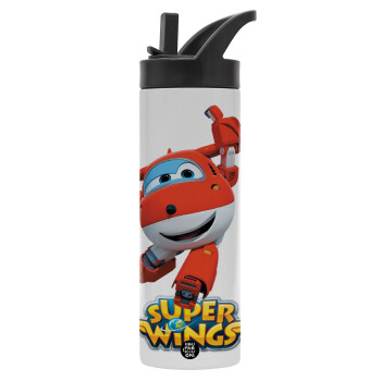 Super Wings, Μεταλλικό παγούρι θερμός με καλαμάκι & χειρολαβή, ανοξείδωτο ατσάλι (Stainless steel 304), διπλού τοιχώματος, 600ml