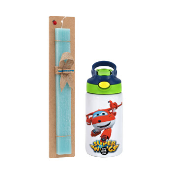 Super Wings, Easter Set, Children's thermal stainless steel bottle with safety straw, green/blue (350ml) & aromatic flat Easter candle (30cm) (TURQUOISE)