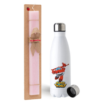 Super Wings, Easter Set, metallic stainless steel water bottle (750ml) & scented flat Easter candle (30cm) (PINK)