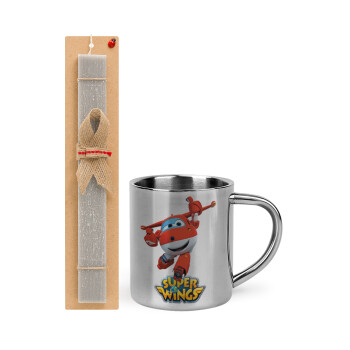 Super Wings, Πασχαλινή Λαμπάδα με μεταλλική κούπα θερμό (300ml) & κερί αρωματικό πλακέ (30cm) (ΓΚΡΙ)