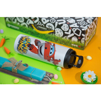 Super Wings, Easter candle,Travel Tumbler 2 Lids, with metal straw & cleaning brush & aromatic flat candle (30cm) (BLUE)