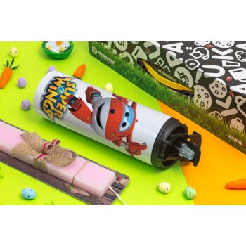 Super Wings, Easter candle,Travel Tumbler 2 Lids, with metal straw & cleaning brush & aromatic flat candle (30cm) (PINK)