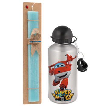 Super Wings, Easter Set, metallic silver aluminum water bottle (500ml) & scented flat Easter candle (30cm) (TURQUOISE)