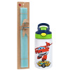 Easter Set, Children's thermal stainless steel bottle with safety straw, green/blue (350ml) & aromatic flat Easter candle (30cm) (TURQUOISE)