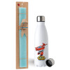 Easter Set, metallic stainless steel water bottle (750ml) & aromatic flat Easter candle (30cm) (TURQUOISE)