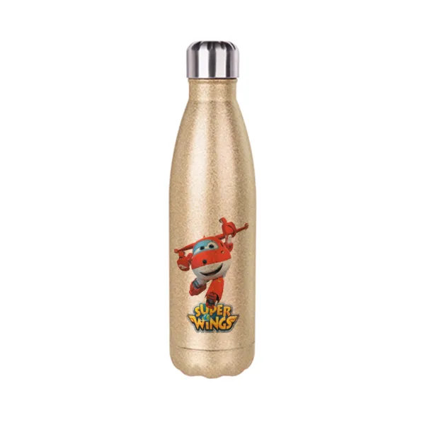 Super Wings — Glitter gold stainless steel thermos bottle, double-walled, 500ml
