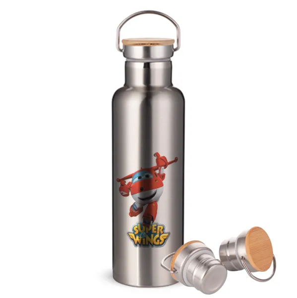Super Wings — Stainless steel Silver with wooden lid (bamboo), double wall, 750ml