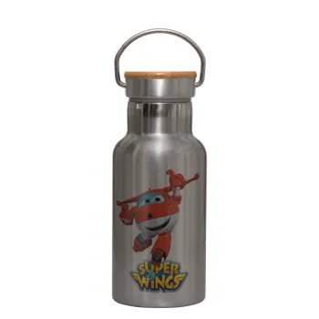 Super Wings, Stainless steel metallic thermos flask, silver with a bamboo lid, double-walled, 350ml.
