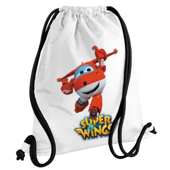Super Wings, Τσάντα πλάτης πουγκί GYMBAG λευκή, με τσέπη (40x48cm) & χονδρά κορδόνια