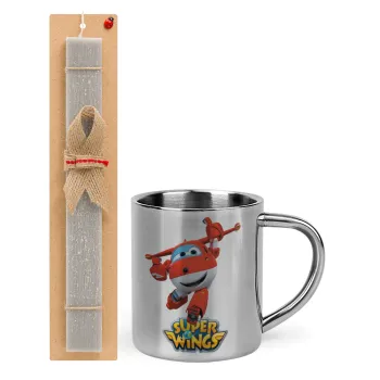 Super Wings, Easter Set, metallic thermal cup (300ml) & Easter aromatic flat candle (30cm) (GRAY)