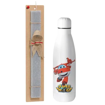 Super Wings, Πασχαλινή Λαμπάδα με μεταλλικό παγούρι θερμός ανοξείδωτο (500ml) & κερί αρωματικό πλακέ (30cm) (ΓΚΡΙ)