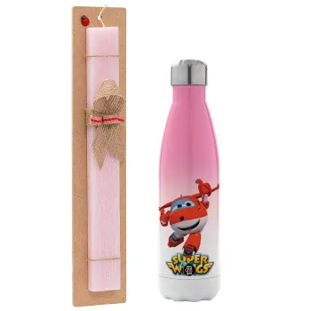 Super Wings, Easter Set, Metallic pink/white (Stainless steel) thermos, double-walled, 500ml & aromatic flat Easter candle (30cm) (PINK)