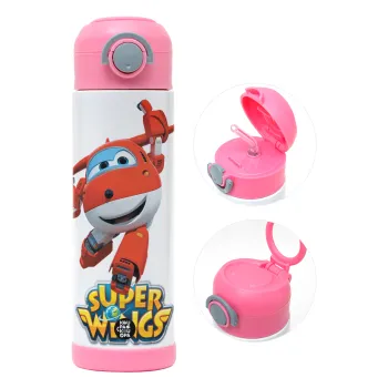 Super Wings, Παιδικό παγούρι θερμό, ανοξείδωτο, με καλαμάκι ασφαλείας, ΡΟΖ (500ml)