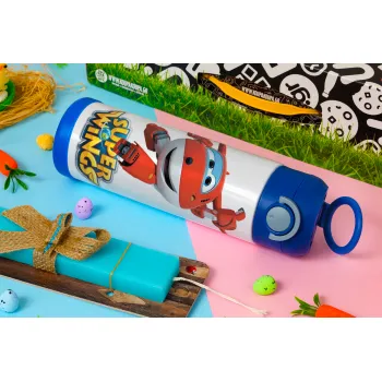 Super Wings, Πασχαλινή Λαμπάδα με Παιδικό παγούρι θερμό, ανοξείδωτο, με καλαμάκι ασφαλείας, ΜΠΛΕ (500ml)