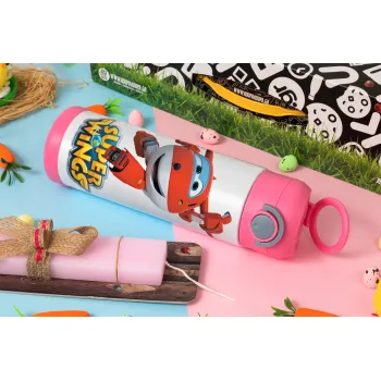 Super Wings, Πασχαλινή Λαμπάδα με Παιδικό παγούρι θερμό, ανοξείδωτο, με καλαμάκι ασφαλείας, ΡΟΖ (500ml)