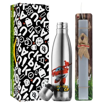 Super Wings, Easter Set, metallic stainless thermos flask (500ml) & scented flat Easter candle (30cm) (GRAY)