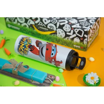 Super Wings, Easter candle,Travel Tumbler 2 Lids, with metal straw & cleaning brush & aromatic flat candle (30cm) (BLUE)