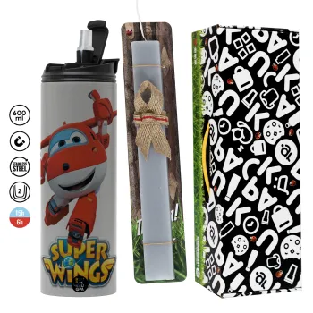 Super Wings, Πασχαλινή Λαμπάδα με Travel Tumbler θερμό (600ml, BPA free) & κερί αρωματικό πλακέ (30cm) (ΓΚΡΙ)