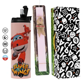 Super Wings, Πασχαλινή Λαμπάδα με  ΡΟΖ Travel Tumbler θερμό (600ml, BPA free) & κερί αρωματικό πλακέ (30cm) (ΡΟΖ)