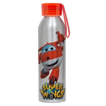 Super Wings, Αλουμινένιο Αθλητικό Μπουκάλι 650ml – Ασημί με Κόκκινο Καπάκι και Λουράκι Σιλικόνης