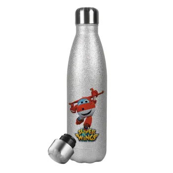 Super Wings, Μεταλλικό παγούρι θερμός Glitter Aσημένιο (Stainless steel), διπλού τοιχώματος, 500ml