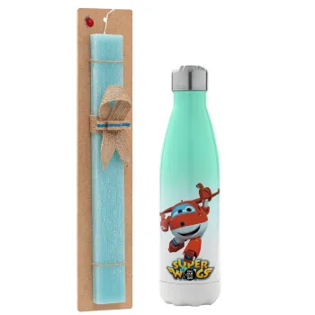 Super Wings, Easter Set, Metallic green/white thermos (Stainless steel), double-walled, 500ml & scented flat Easter candle (30cm) (TURQUOISE)