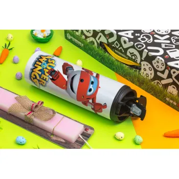 Super Wings, Easter candle,Travel Tumbler 2 Lids, with metal straw & cleaning brush & aromatic flat candle (30cm) (PINK)