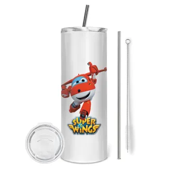 Super Wings, Tumbler ποτήρι θερμό από ανοξείδωτο ατσάλι 600ml, με μεταλλικό καλαμάκι & βούρτσα καθαρισμού
