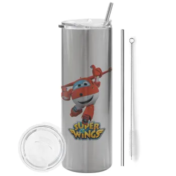 Super Wings, Tumbler ποτήρι θερμό Ασημένιο από ανοξείδωτο ατσάλι 600ml, με μεταλλικό καλαμάκι & βούρτσα καθαρισμού