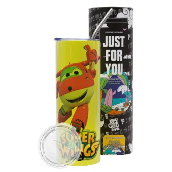 Super Wings, Neon Yellow Travel Tumbler θερμό, μεταλλικό καλαμάκι(Ανωξείδωτο 304 Food grade, BPA free, 600ml)