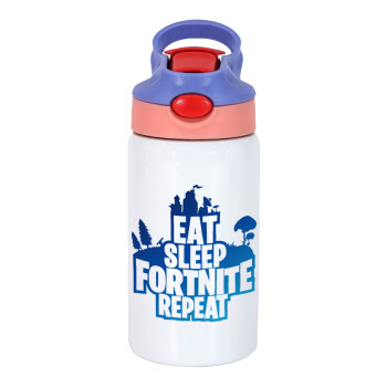 Eat Sleep Fortnite Repeat, Παιδικό παγούρι θερμό, ανοξείδωτο, με καλαμάκι ασφαλείας, ροζ/μωβ (350ml)