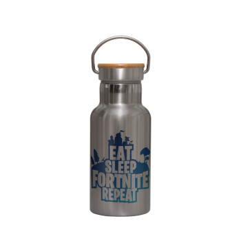 Eat Sleep Fortnite Repeat, Stainless steel metallic thermos flask, silver with a bamboo lid, double-walled, 350ml.