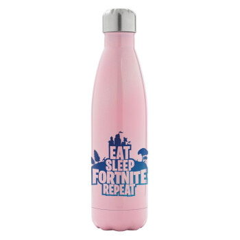 Eat Sleep Fortnite Repeat, Μεταλλικό παγούρι θερμός Ροζ Ιριδίζον (Stainless steel), διπλού τοιχώματος, 500ml
