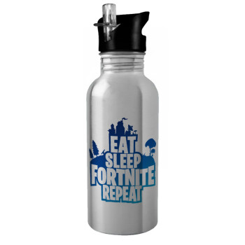 Eat Sleep Fortnite Repeat, Water bottle Silver with straw, stainless steel 600ml