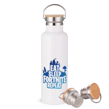 Eat Sleep Fortnite Repeat, Stainless steel White with wooden lid (bamboo), double wall, 750ml